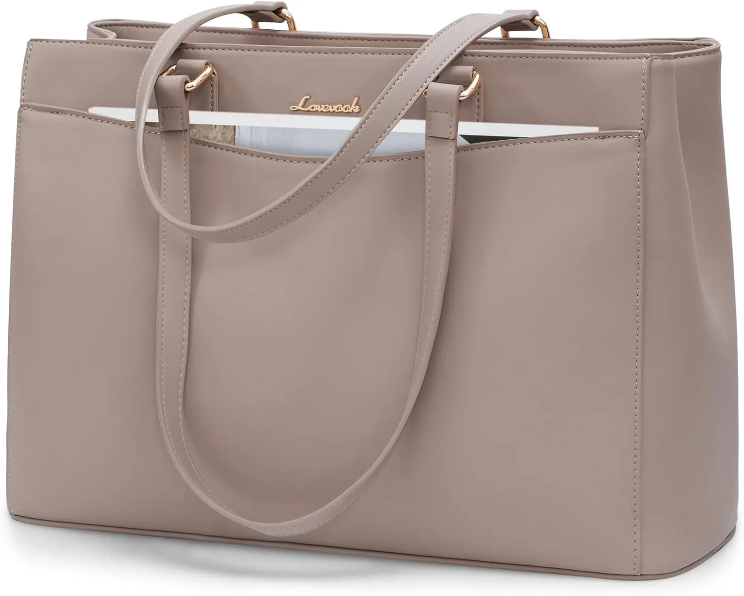 LOVEVOOK Teacher Tote Bag for Women, Laptop Bag Work Tote Bag, Waterproof Leather Computer Bag, Business Laptop Purse Office Handbag Professional Briefcase, 15.6 Inch, Taupe