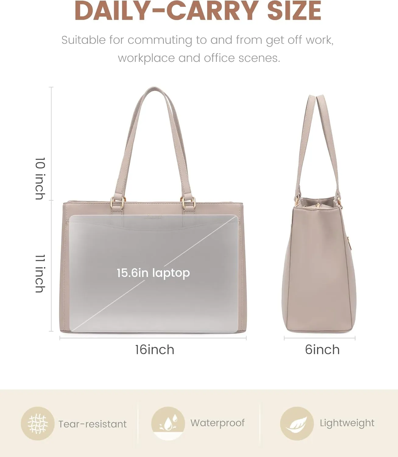 LOVEVOOK Teacher Tote Bag for Women, Laptop Bag Work Tote Bag, Waterproof Leather Computer Bag, Business Laptop Purse Office Handbag Professional Briefcase, 15.6 Inch, Taupe