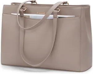 LOVEVOOK Teacher Tote Bag for Women, Laptop Bag Work Tote Bag, Waterproof Leather Computer Bag, Business Laptop Purse Office Handbag Professional Briefcase, 15.6 Inch, Taupe
