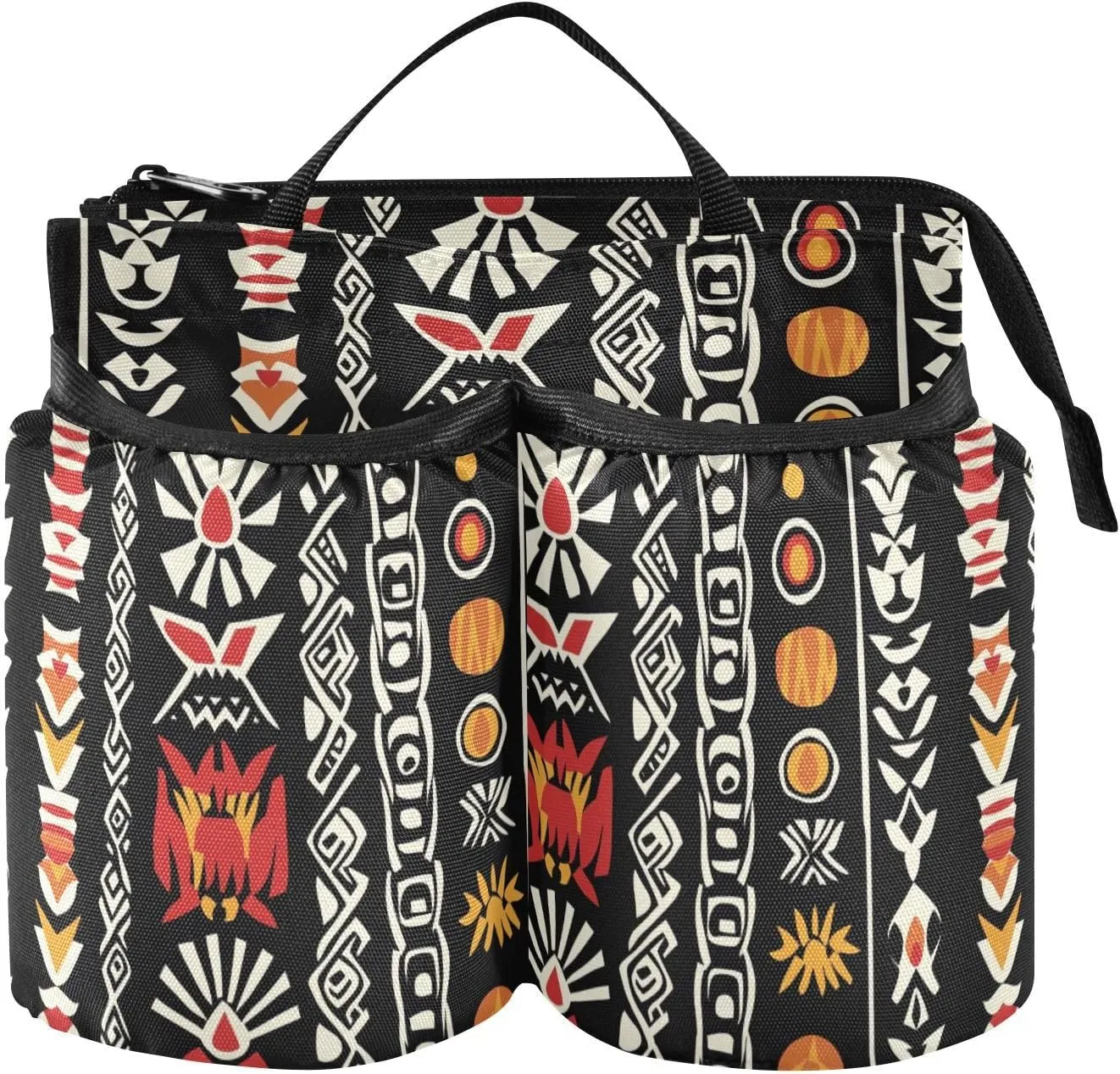 Luggage Water Bottle Holder Folding Tribal Style Retro Black Stripe Attachment Cup Holder Hold Two Coffee Mugs for Flight Attendants Businessmen Travelers