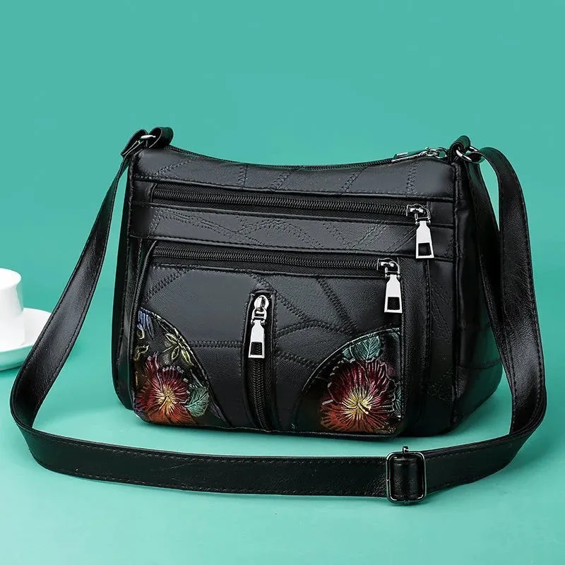 Luxury Soft Leather Women Messenger Shoulder Handbags and Purses Flowers Multi-pocket Crossbody Mommy Bag Ladies Sac 2024 New
