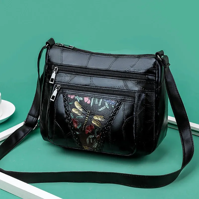 Luxury Soft Leather Women Messenger Shoulder Handbags and Purses Flowers Multi-pocket Crossbody Mommy Bag Ladies Sac 2024 New