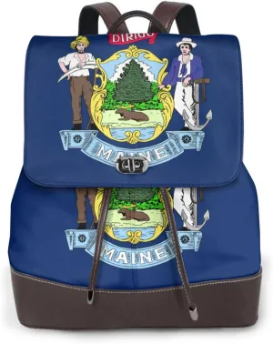 Maine State Flag Print Leather Backpack Bags For Women Fashion Shoulder Bags Large Travel Hiking Daypacks