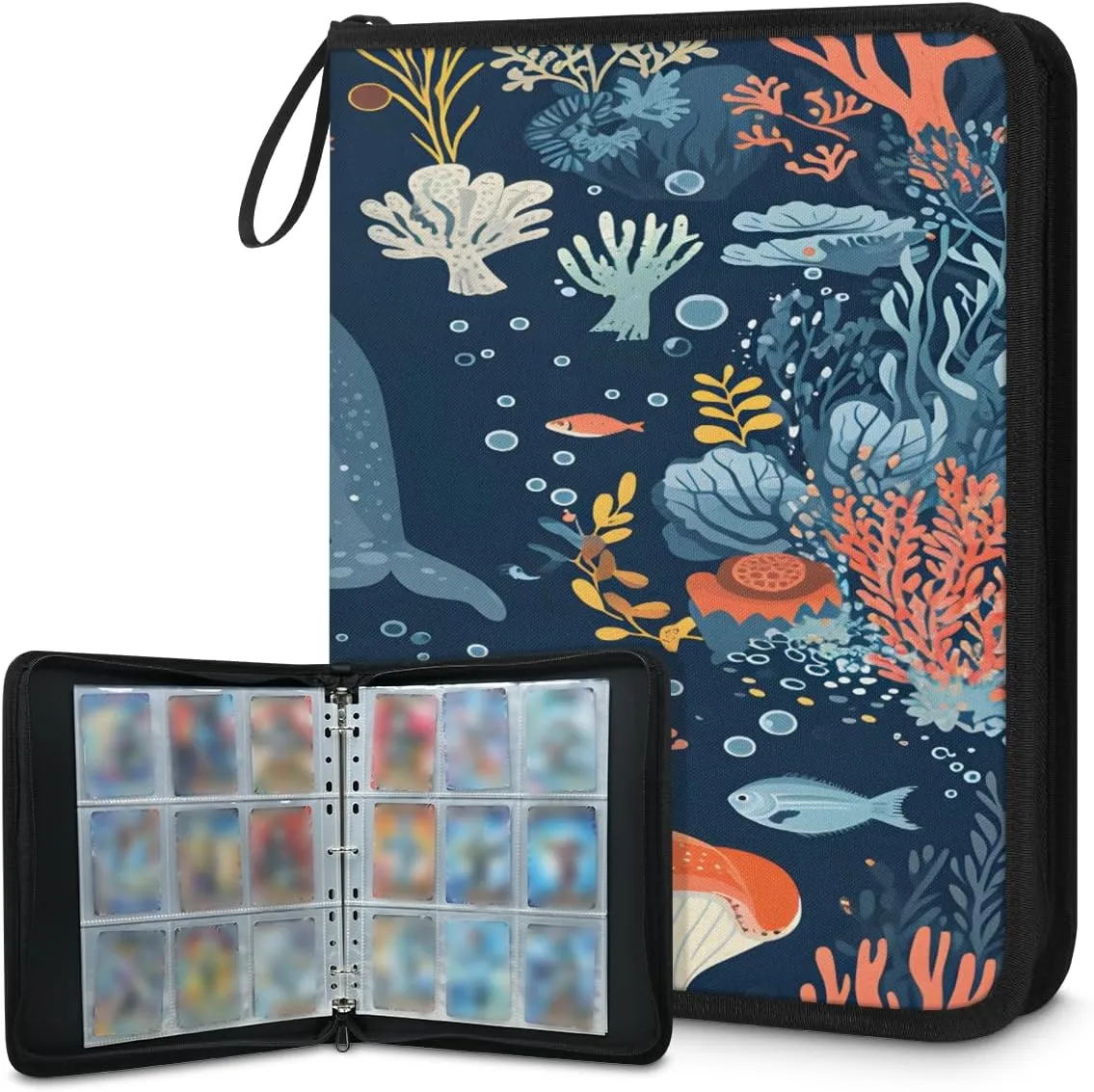 Marine Fish Whales 3 Ring Trading Zipper Binder Strap, Trading Card Binder 9 Pocket, 900 Pockets Card Holder with 50 Removable Sleeves for Game Cards