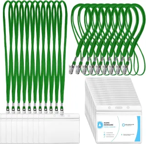 Marspark 100 Sets Clear Name Tags with Lanyard, Lanyards for ID Badges Reusable Strap with ID Holder Plastic Name Badges for Adults Business School Church Conference (Dark Green)