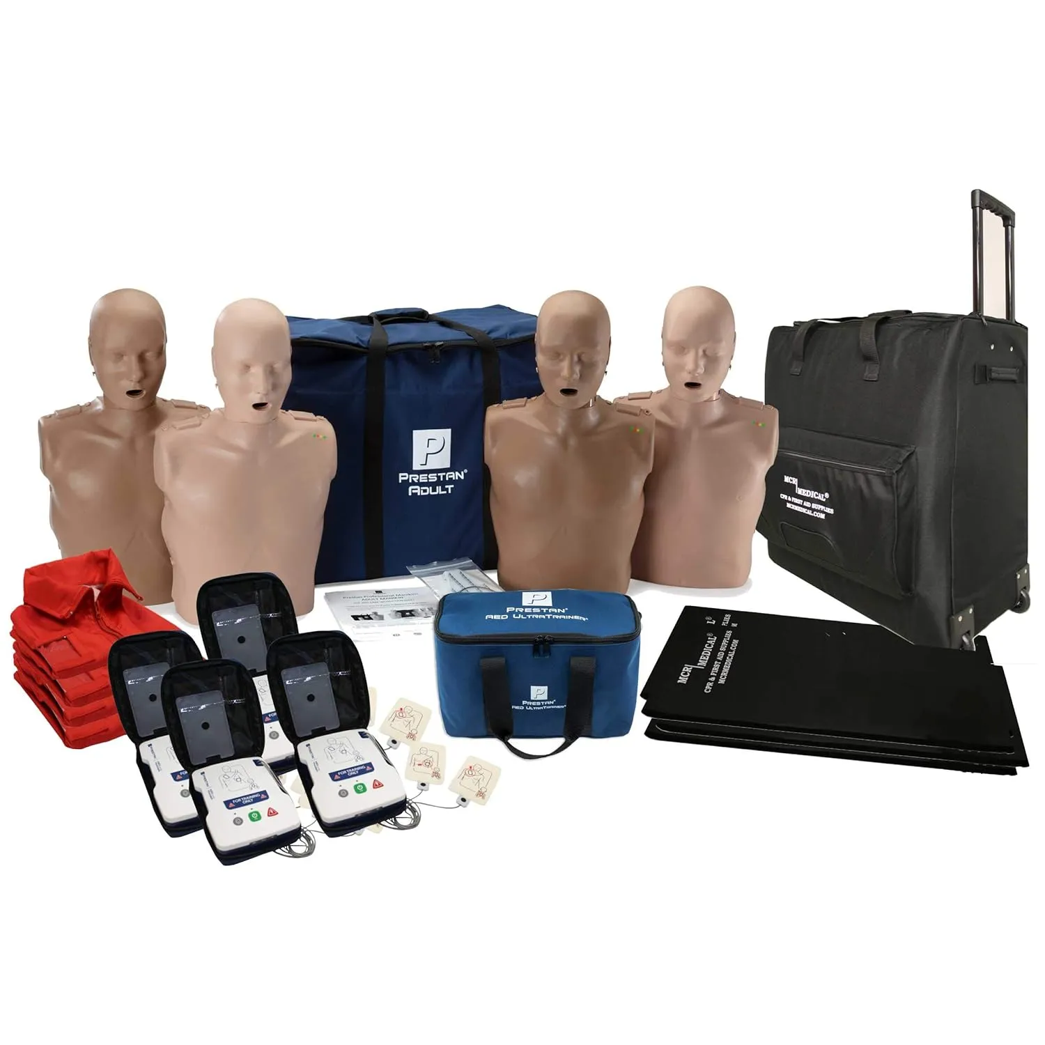MCR Medical Prestan CPR Adult Manikin Diversity Kit Pack of 4 with Feedback, AED UltraTrainers, Carry Bag with Wheels