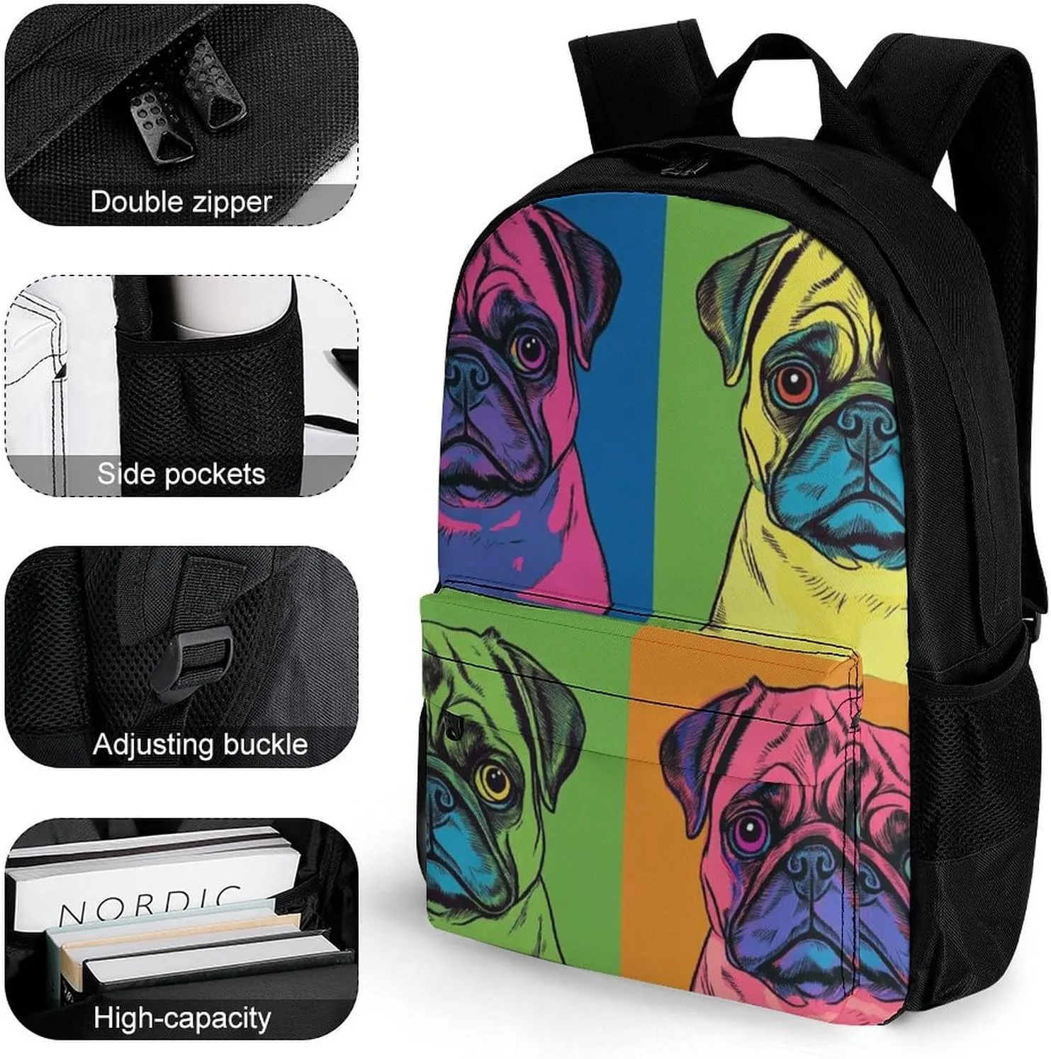 Men & Women Lightweight Colorful Pug Dog Casual Daypack Large Capacity Bookbag With Adjustable Shoulder Straps for Gym Business Bicycle