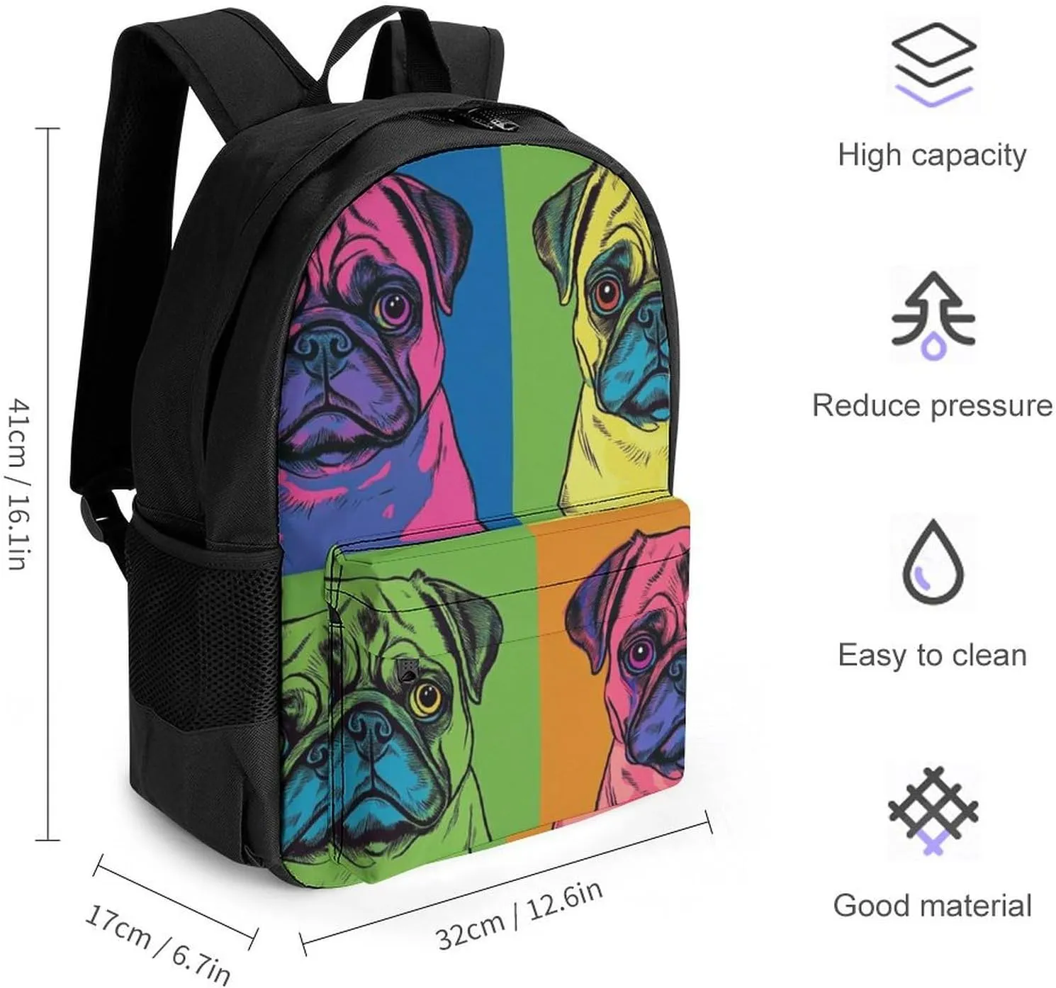 Men & Women Lightweight Colorful Pug Dog Casual Daypack Large Capacity Bookbag With Adjustable Shoulder Straps for Gym Business Bicycle