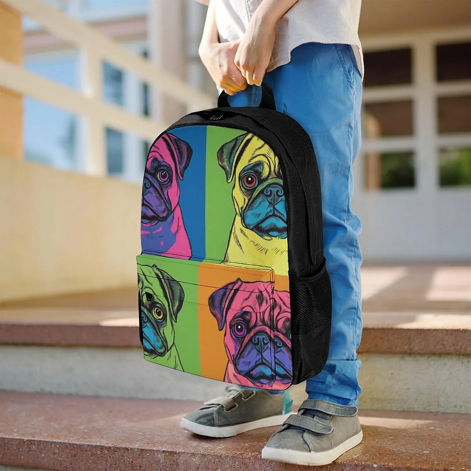 Men & Women Lightweight Colorful Pug Dog Casual Daypack Large Capacity Bookbag With Adjustable Shoulder Straps for Gym Business Bicycle