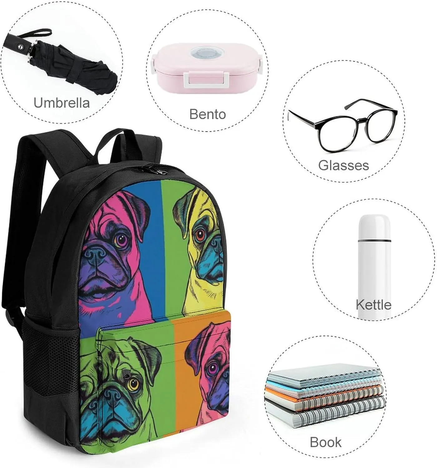 Men & Women Lightweight Colorful Pug Dog Casual Daypack Large Capacity Bookbag With Adjustable Shoulder Straps for Gym Business Bicycle