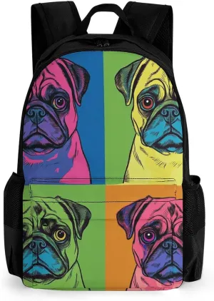 Men & Women Lightweight Colorful Pug Dog Casual Daypack Large Capacity Bookbag With Adjustable Shoulder Straps for Gym Business Bicycle