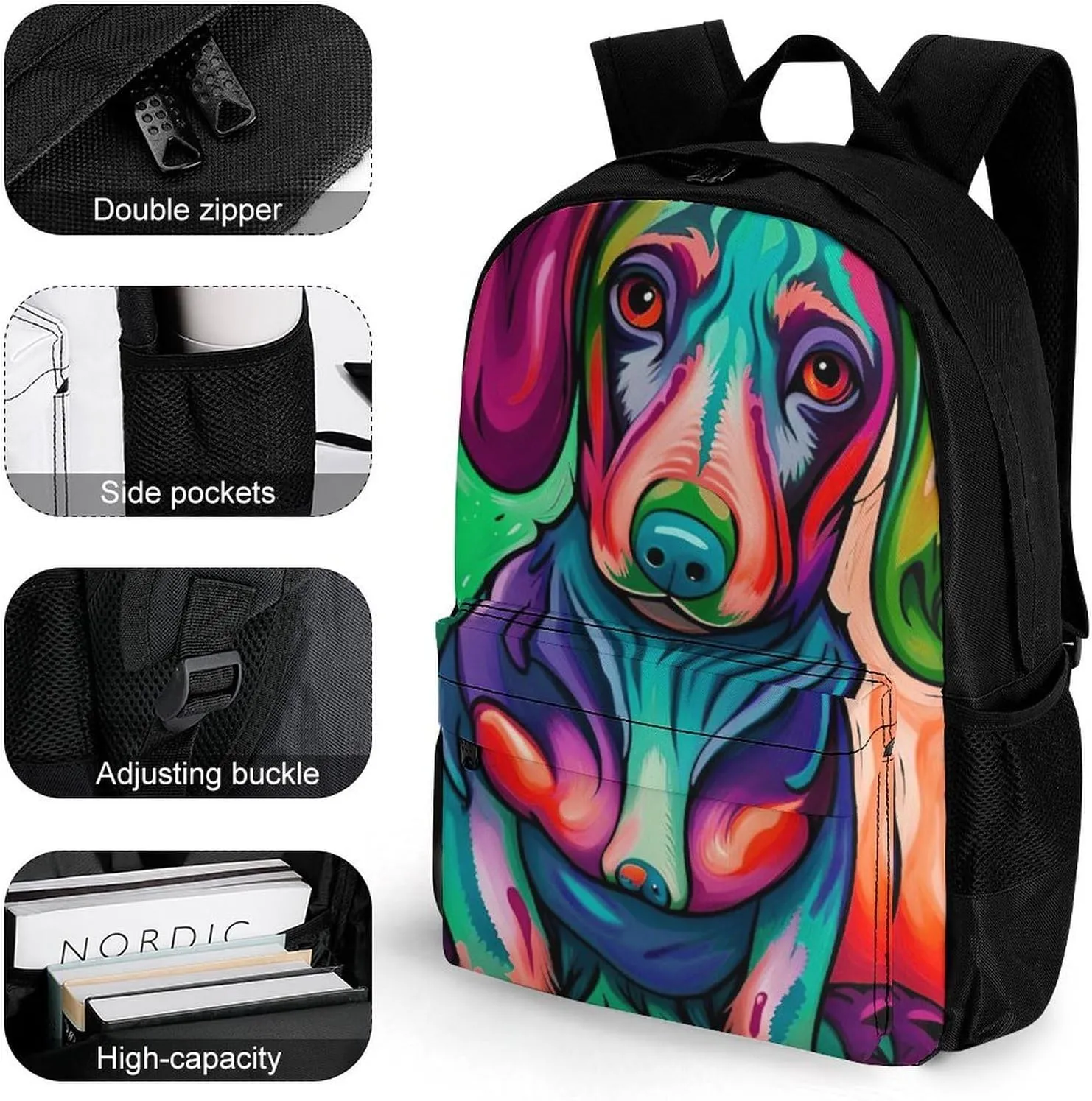 Men & Women Lightweight Sausage Dog Dachshund Art Casual Daypack Large Capacity Bookbag With Adjustable Shoulder Straps for Gym Business Bicycle