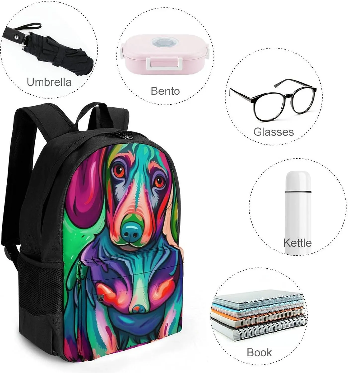 Men & Women Lightweight Sausage Dog Dachshund Art Casual Daypack Large Capacity Bookbag With Adjustable Shoulder Straps for Gym Business Bicycle