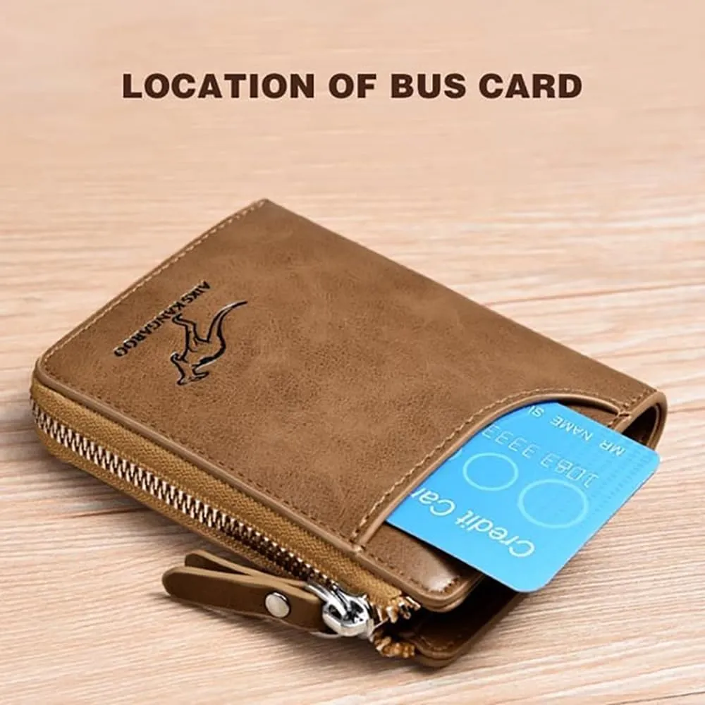 Men Wallet Zipper Genuine Leather Purs, Aiks Kangaroo Wallets, PU Stylish Soft Simple Design RFID Protected Wallet (Retro Black)