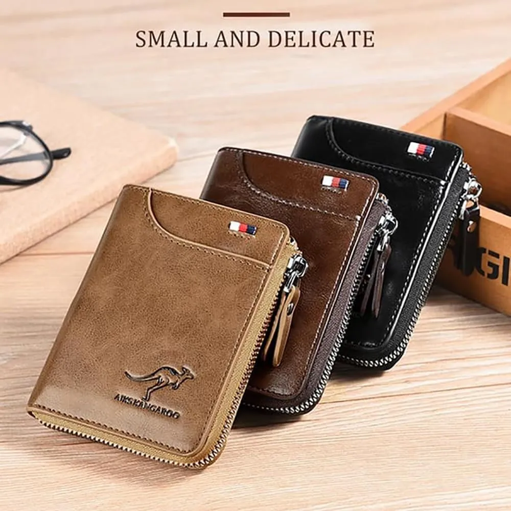 Men Wallet Zipper Genuine Leather Purs, Aiks Kangaroo Wallets, PU Stylish Soft Simple Design RFID Protected Wallet (Retro Black)