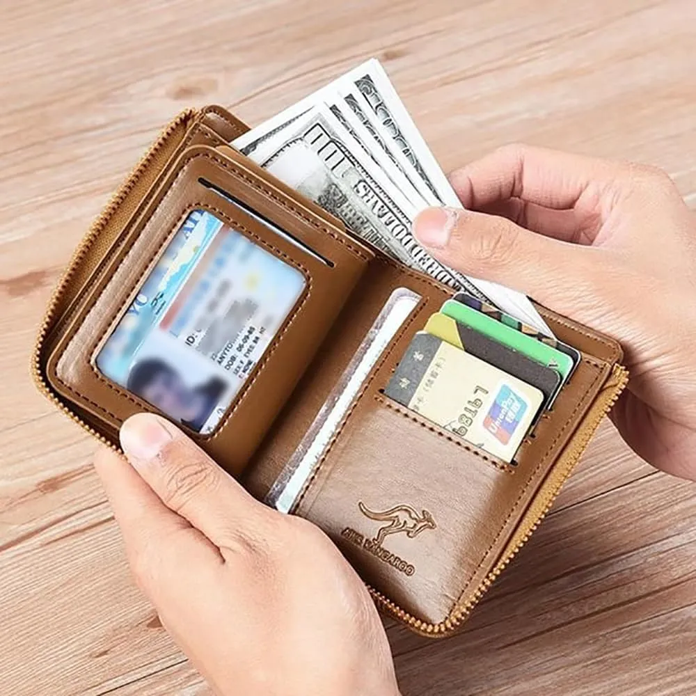 Men Wallet Zipper Genuine Leather Purs, Aiks Kangaroo Wallets, PU Stylish Soft Simple Design RFID Protected Wallet (Retro Black)