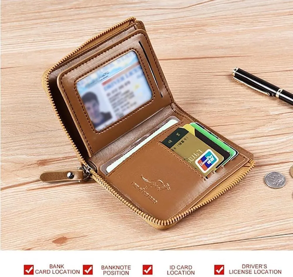 Men Wallet Zipper Genuine Leather Purs, Aiks Kangaroo Wallets, PU Stylish Soft Simple Design RFID Protected Wallet (Retro Black)