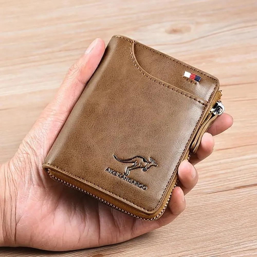 Men Wallet Zipper Genuine Leather Purs, Aiks Kangaroo Wallets, PU Stylish Soft Simple Design RFID Protected Wallet (Retro Black)