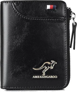 Men Wallet Zipper Genuine Leather Purs, Aiks Kangaroo Wallets, PU Stylish Soft Simple Design RFID Protected Wallet (Retro Black)