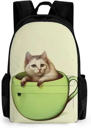 Men Women Lightweight Adorable Cat Coffee Art Backpack Large Capacity Bookbag With Smooth Zippers for Gym Business Running