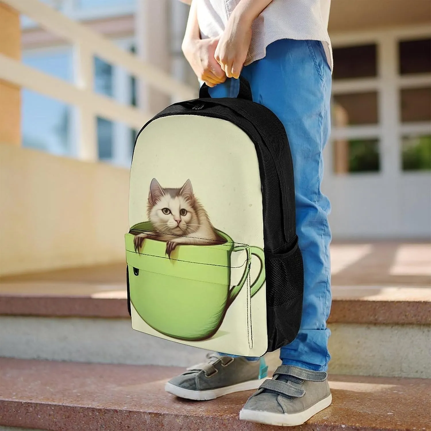 Men Women Lightweight Adorable Cat Coffee Art Backpack Large Capacity Bookbag With Smooth Zippers for Gym Business Running