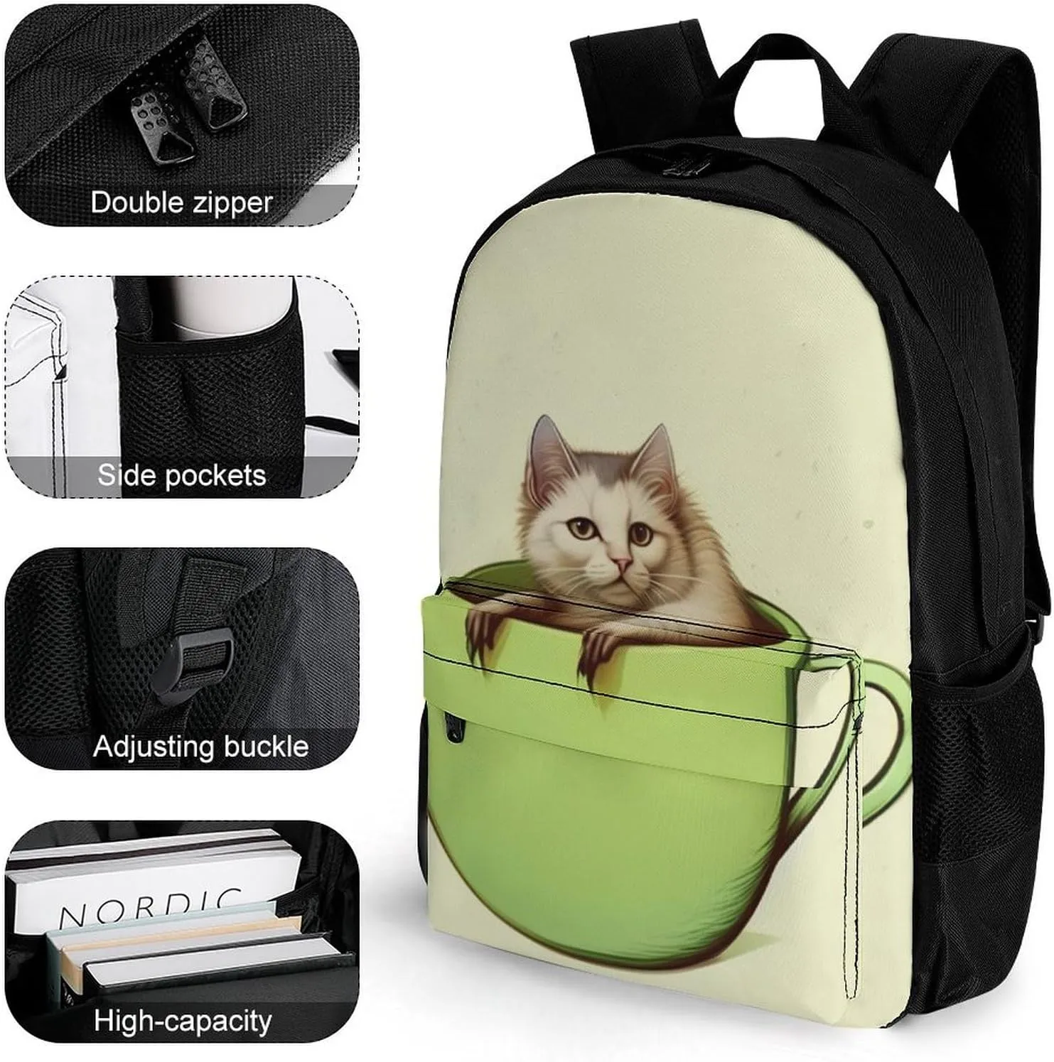 Men Women Lightweight Adorable Cat Coffee Art Backpack Large Capacity Bookbag With Smooth Zippers for Gym Business Running