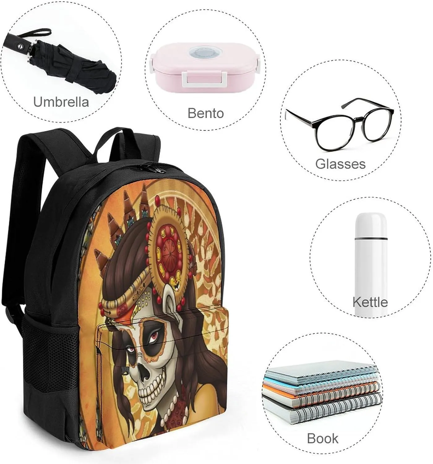 Men Women Lightweight Artistic Sugar Skull Dead Women Art Backpack Large Capacity Bookbag With Smooth Zippers for Gym Business Running