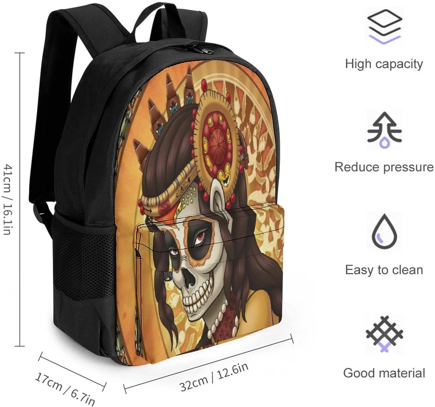 Men Women Lightweight Artistic Sugar Skull Dead Women Art Backpack Large Capacity Bookbag With Smooth Zippers for Gym Business Running
