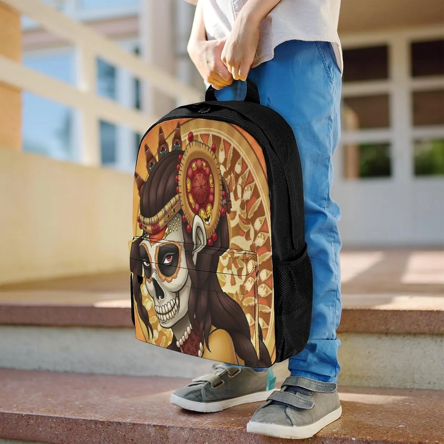 Men Women Lightweight Artistic Sugar Skull Dead Women Art Backpack Large Capacity Bookbag With Smooth Zippers for Gym Business Running