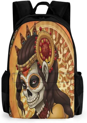 Men Women Lightweight Artistic Sugar Skull Dead Women Art Backpack Large Capacity Bookbag With Smooth Zippers for Gym Business Running