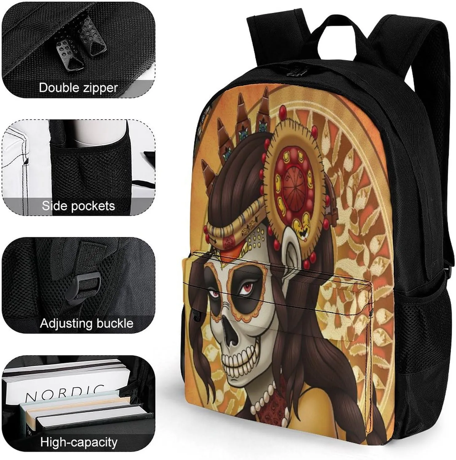 Men Women Lightweight Artistic Sugar Skull Dead Women Art Backpack Large Capacity Bookbag With Smooth Zippers for Gym Business Running