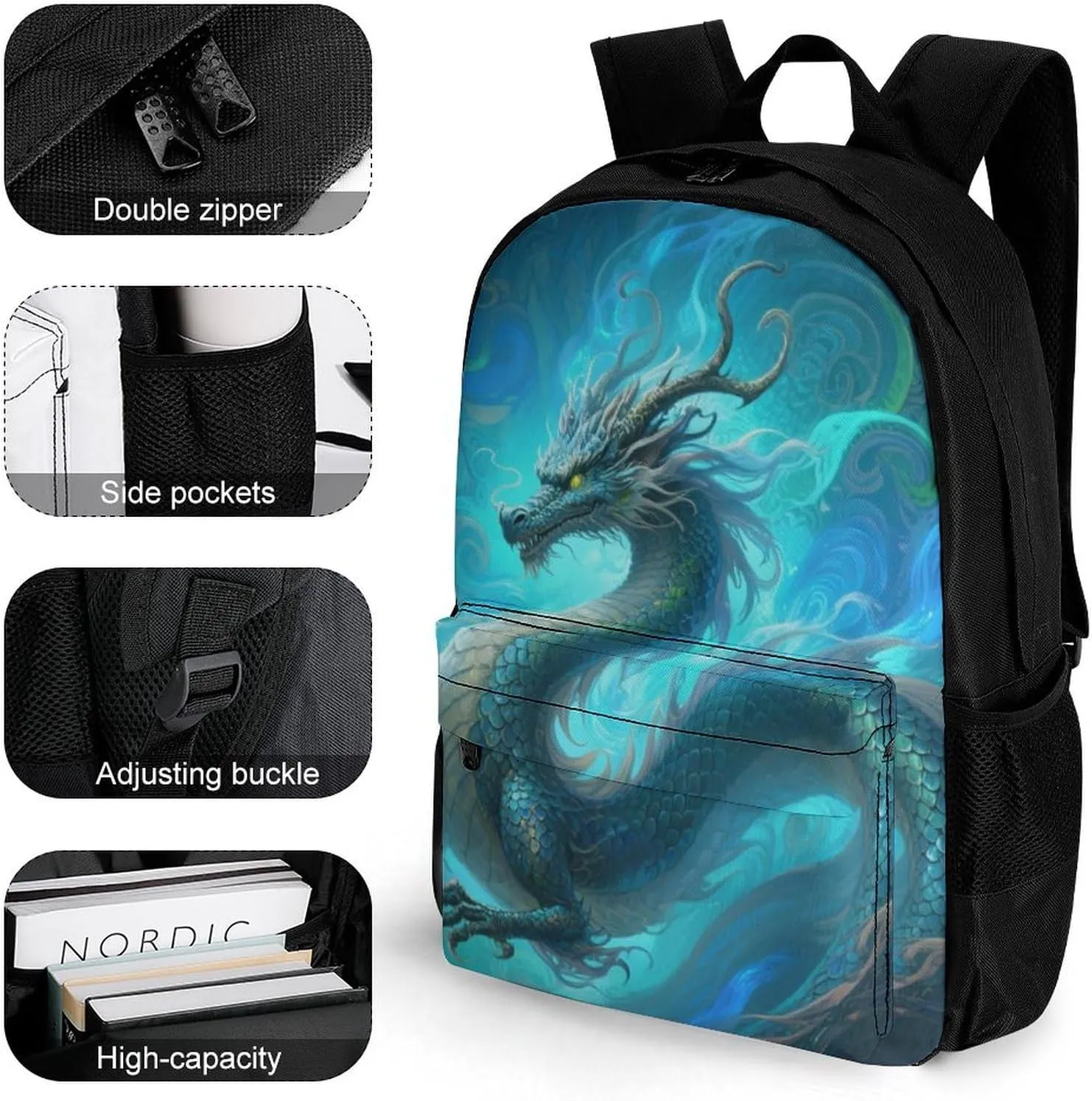 Men Women Lightweight Chinese Dragons Art Backpack Large Capacity Bookbag With Smooth Zippers for Gym Business Running