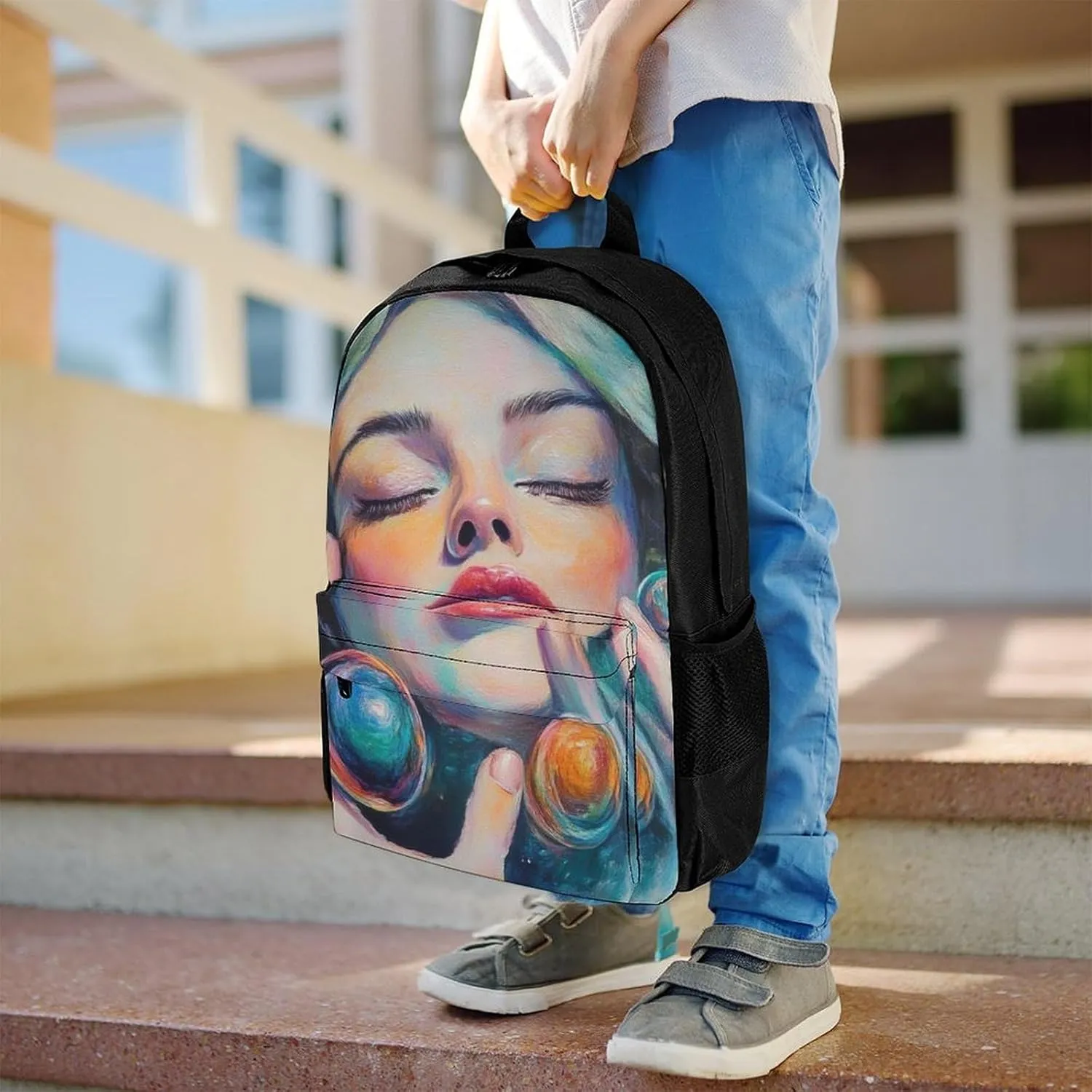 Men Women Lightweight Colorful Woman Eat Galaxy Candy Backpack Large Capacity Carry On Bag With Padded Straps for Sports Work Walking Cycling
