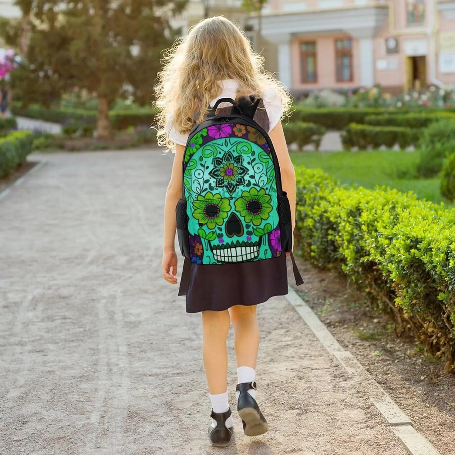 Men Women Lightweight Grunge Mexican Sugar Skulls Day Of The Dead Flowers Art Backpack Large Capacity Bookbag With Smooth Zippers for Gym Business Running