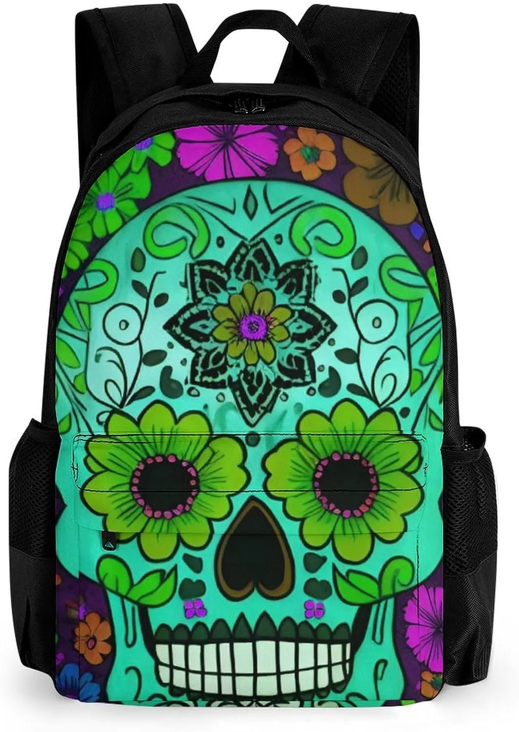 Men Women Lightweight Grunge Mexican Sugar Skulls Day Of The Dead Flowers Art Backpack Large Capacity Bookbag With Smooth Zippers for Gym Business Running