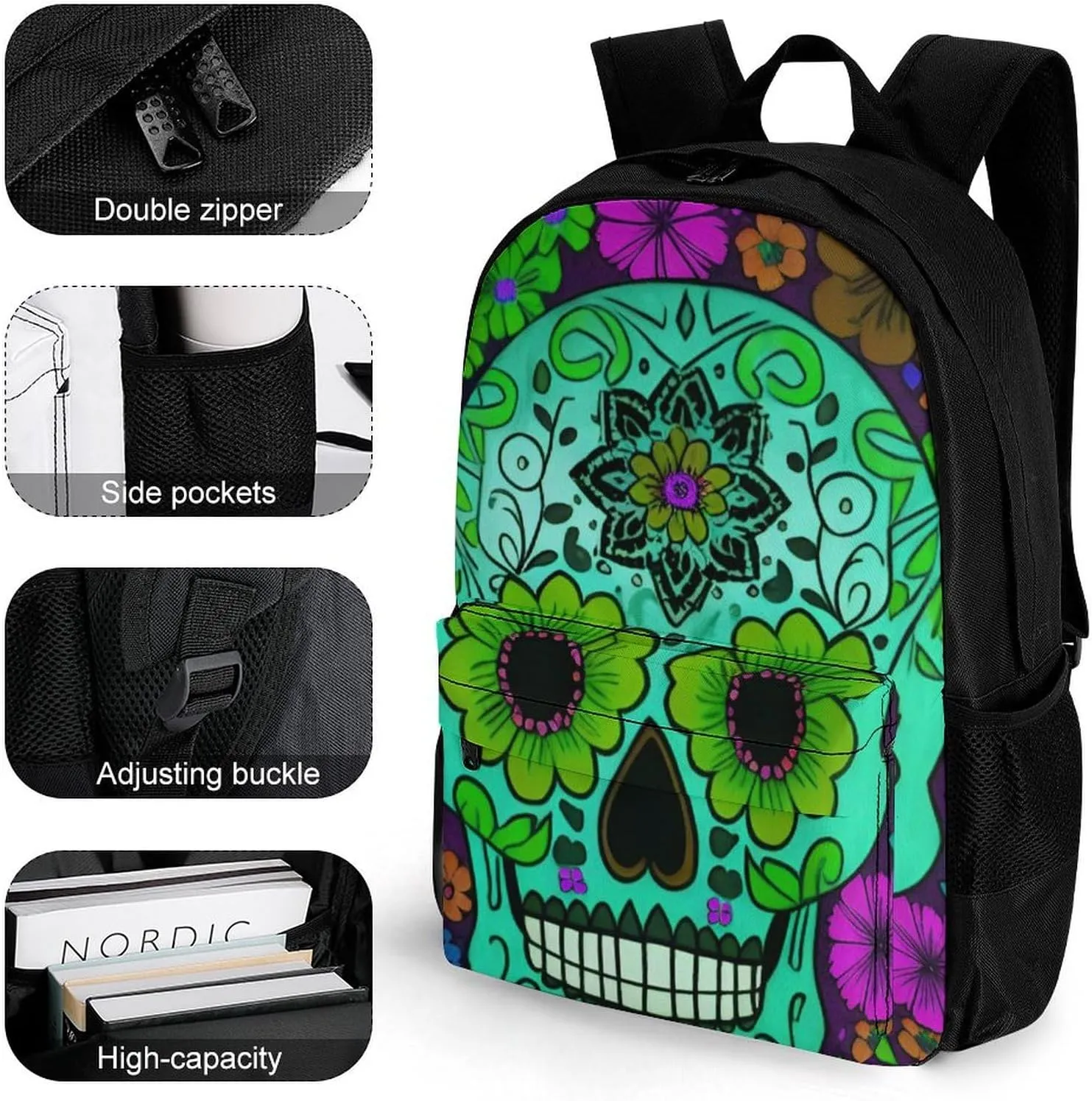 Men Women Lightweight Grunge Mexican Sugar Skulls Day Of The Dead Flowers Art Backpack Large Capacity Bookbag With Smooth Zippers for Gym Business Running