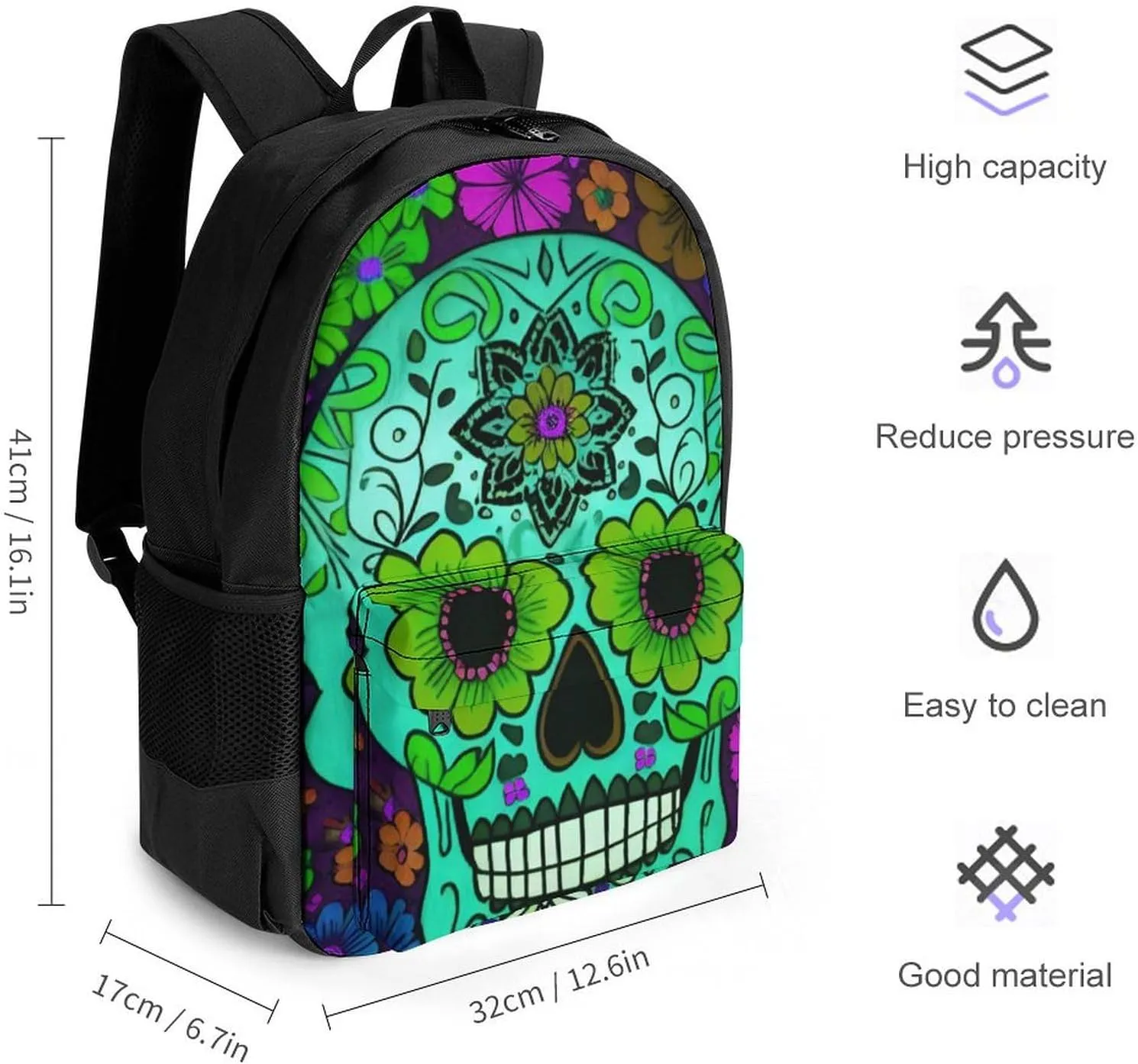 Men Women Lightweight Grunge Mexican Sugar Skulls Day Of The Dead Flowers Art Backpack Large Capacity Bookbag With Smooth Zippers for Gym Business Running