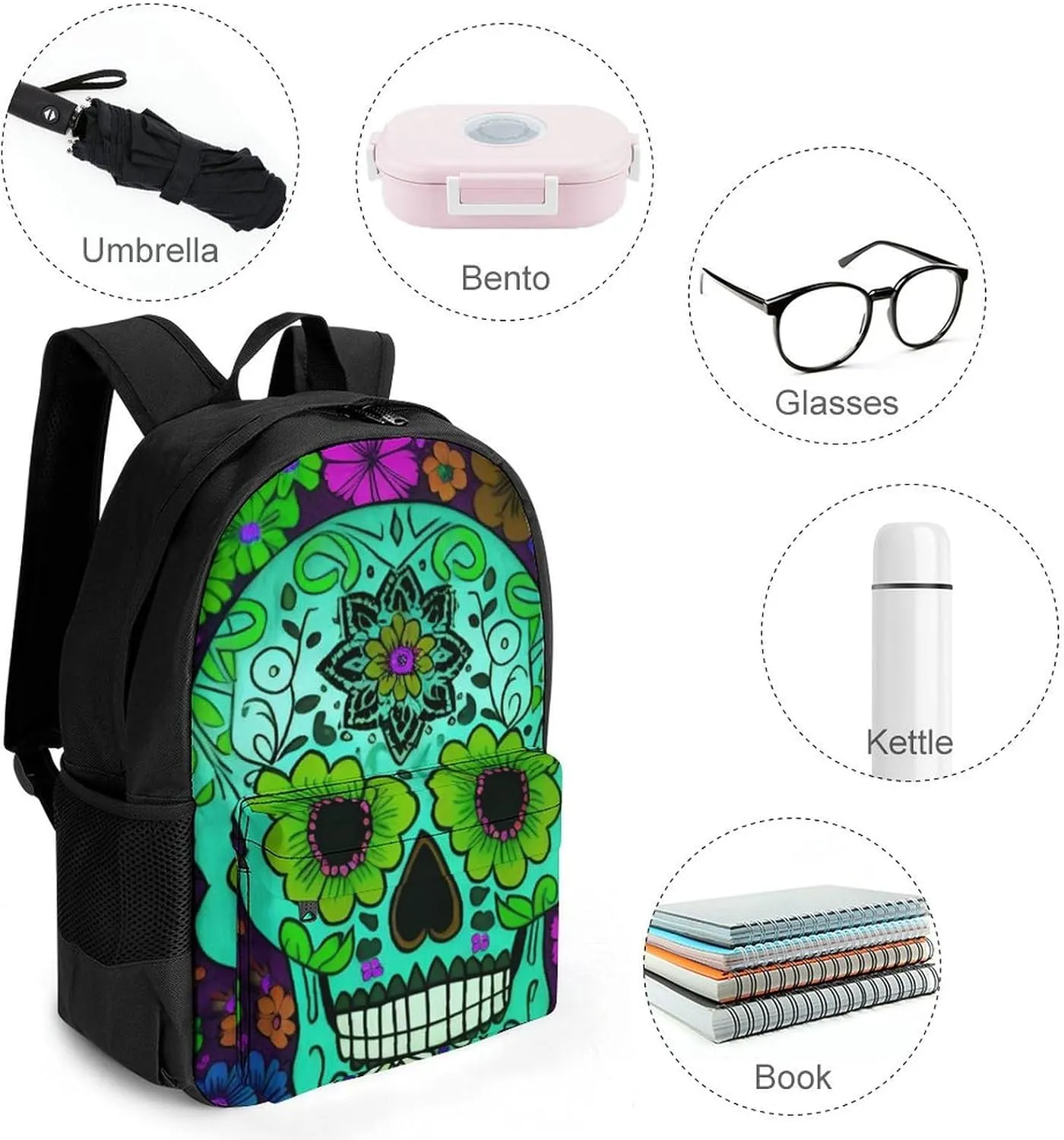 Men Women Lightweight Grunge Mexican Sugar Skulls Day Of The Dead Flowers Art Backpack Large Capacity Bookbag With Smooth Zippers for Gym Business Running