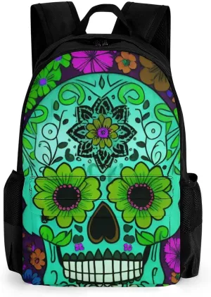 Men Women Lightweight Grunge Mexican Sugar Skulls Day Of The Dead Flowers Art Backpack Large Capacity Bookbag With Smooth Zippers for Gym Business Running
