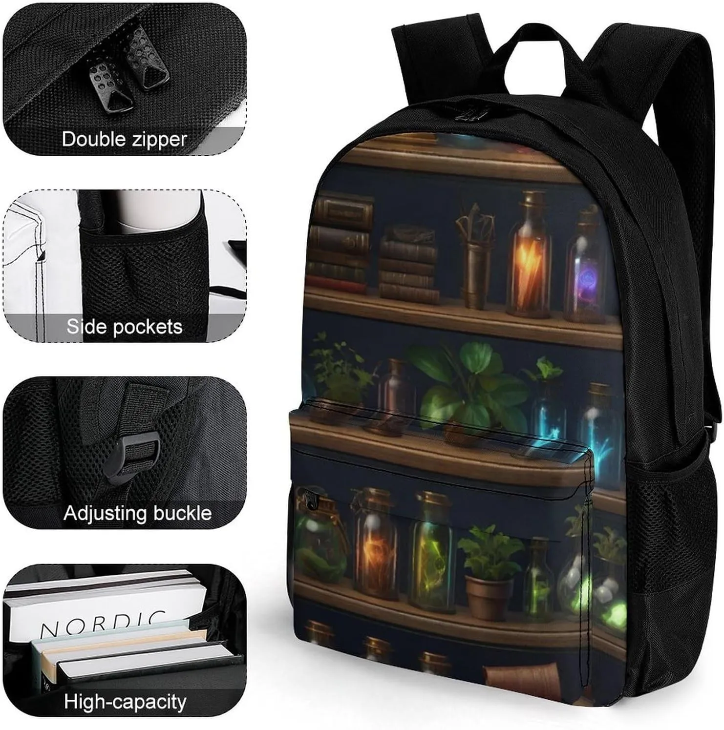 Men Women Lightweight Magic Bookshelf Vintage Style Book Art Backpack Large Capacity Bookbag With Smooth Zippers for Gym Business Running