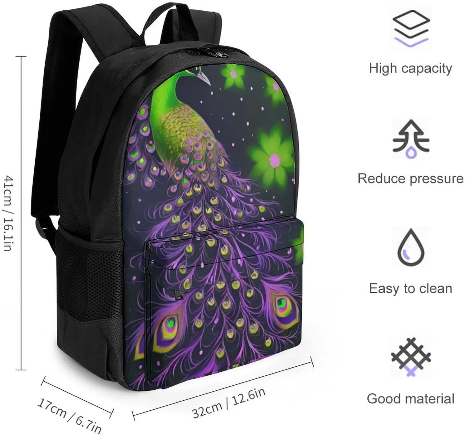 Men Women Lightweight Peacock Animal Oil Painting Casual Daypack Big Capacity Bookbag With Padded Straps for Gym Travel Walking Cycling