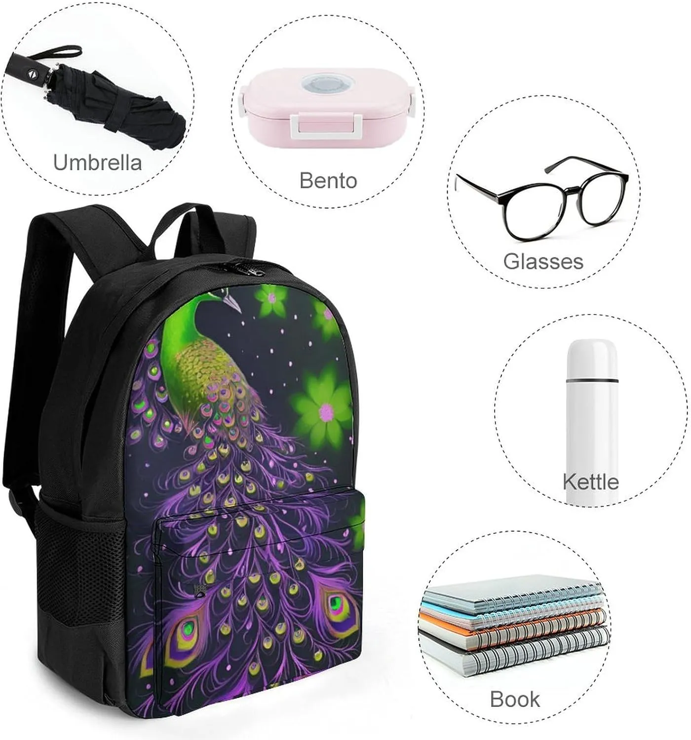 Men Women Lightweight Peacock Animal Oil Painting Casual Daypack Big Capacity Bookbag With Padded Straps for Gym Travel Walking Cycling