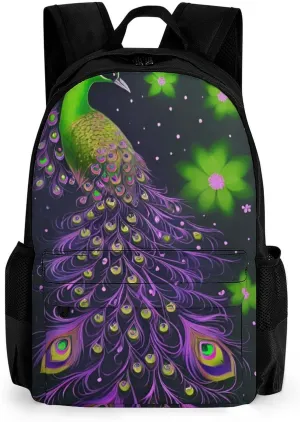 Men Women Lightweight Peacock Animal Oil Painting Casual Daypack Big Capacity Bookbag With Padded Straps for Gym Travel Walking Cycling