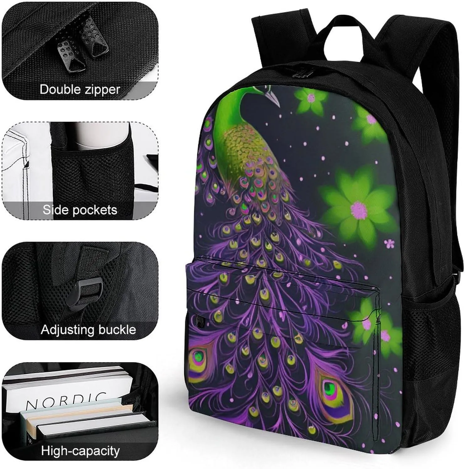 Men Women Lightweight Peacock Animal Oil Painting Casual Daypack Big Capacity Bookbag With Padded Straps for Gym Travel Walking Cycling
