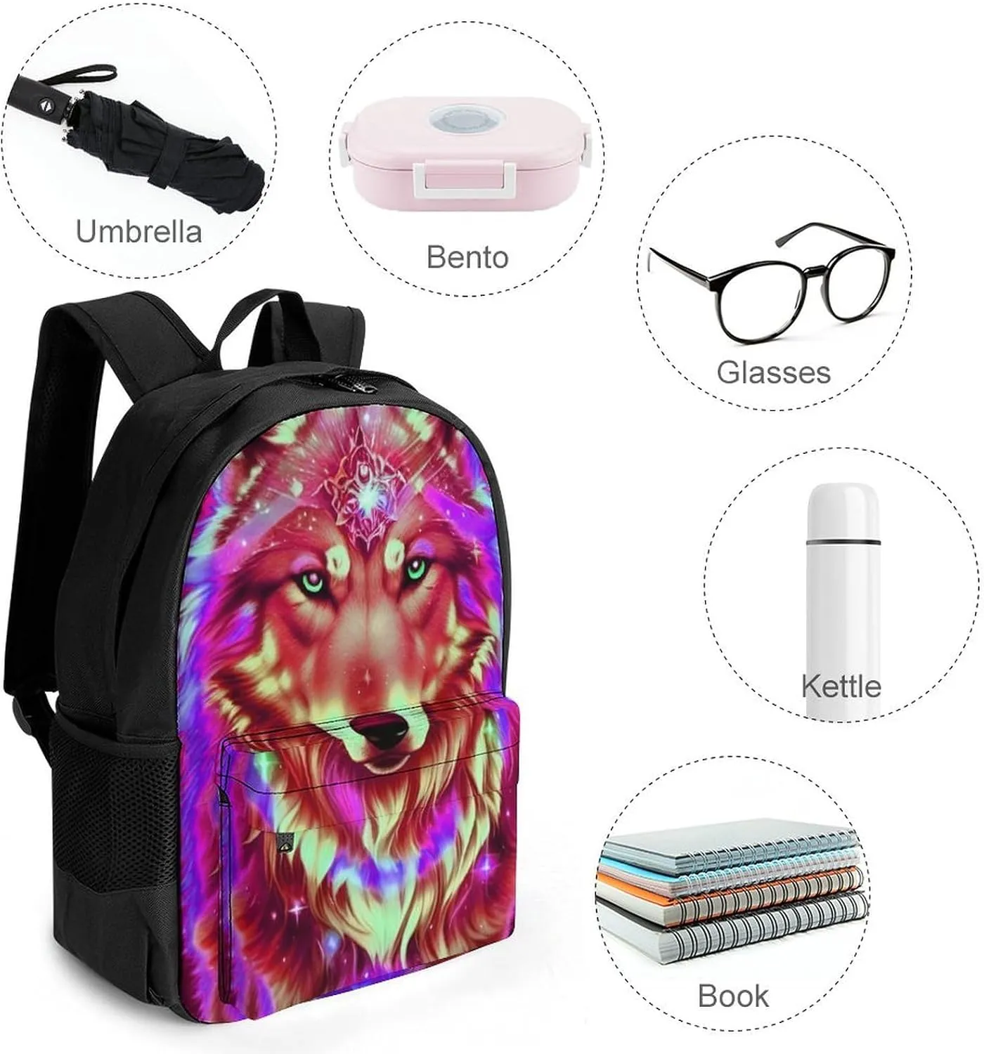 Men Women Lightweight Universe Galaxy Magic Wolf In The Space Art Backpack Large Capacity Carry On Bag With Padded Straps for Sports Work Walking Cycling