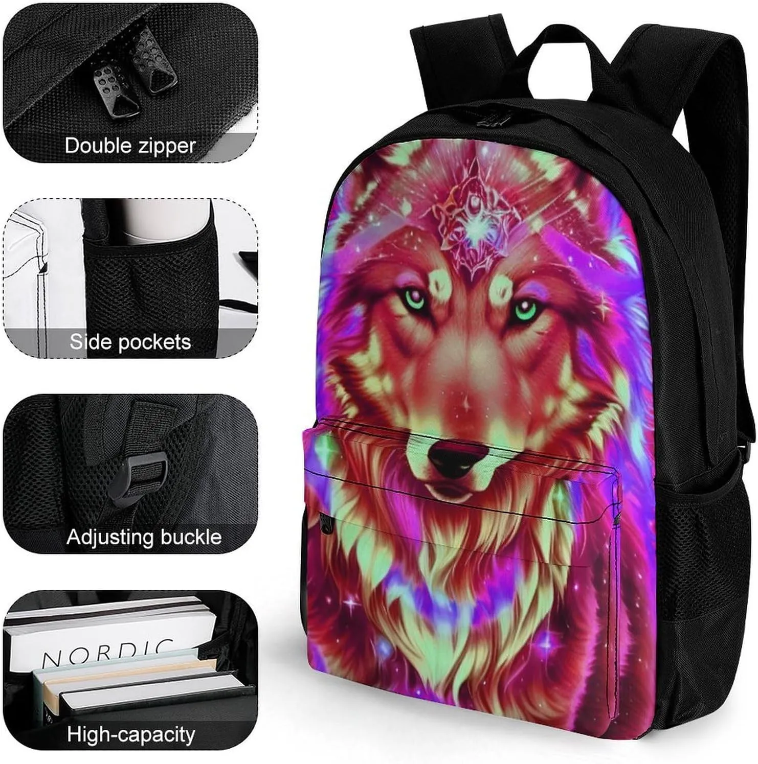 Men Women Lightweight Universe Galaxy Magic Wolf In The Space Art Backpack Large Capacity Carry On Bag With Padded Straps for Sports Work Walking Cycling