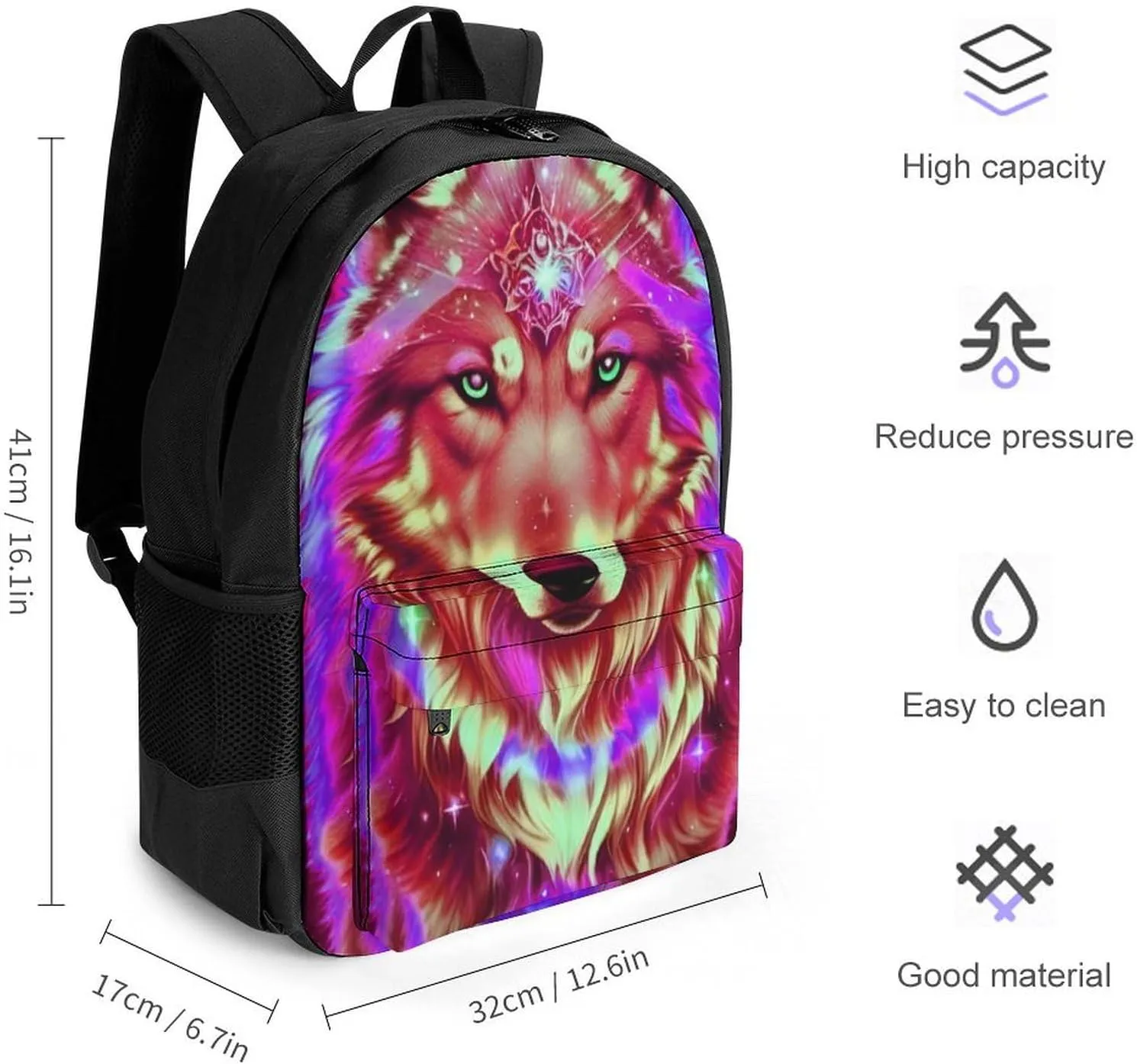 Men Women Lightweight Universe Galaxy Magic Wolf In The Space Art Backpack Large Capacity Carry On Bag With Padded Straps for Sports Work Walking Cycling
