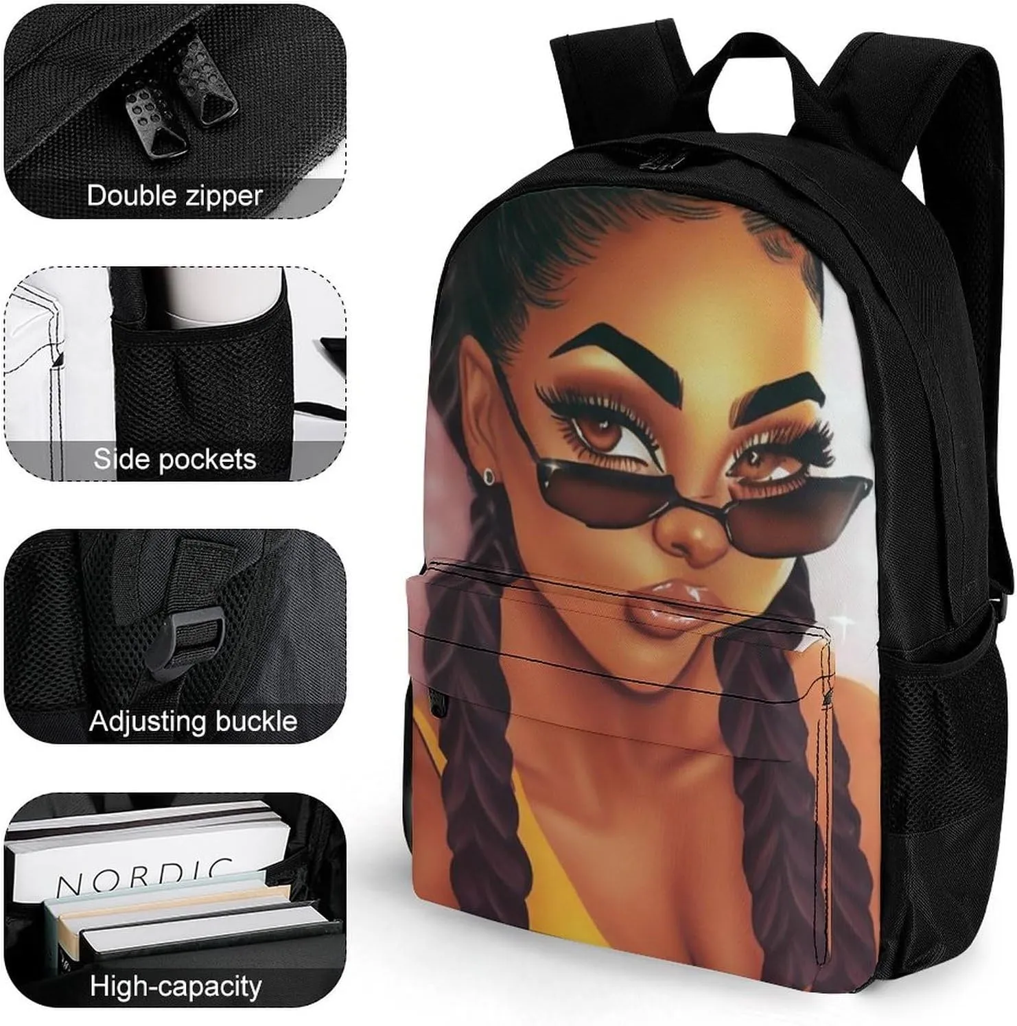 Men Women Polyester Abstract Fashion Black Woman Art African American Women Art Casual Daypack Large Capacity Carry On Bag With Adjustable Shoulder Straps for Camping Work Running