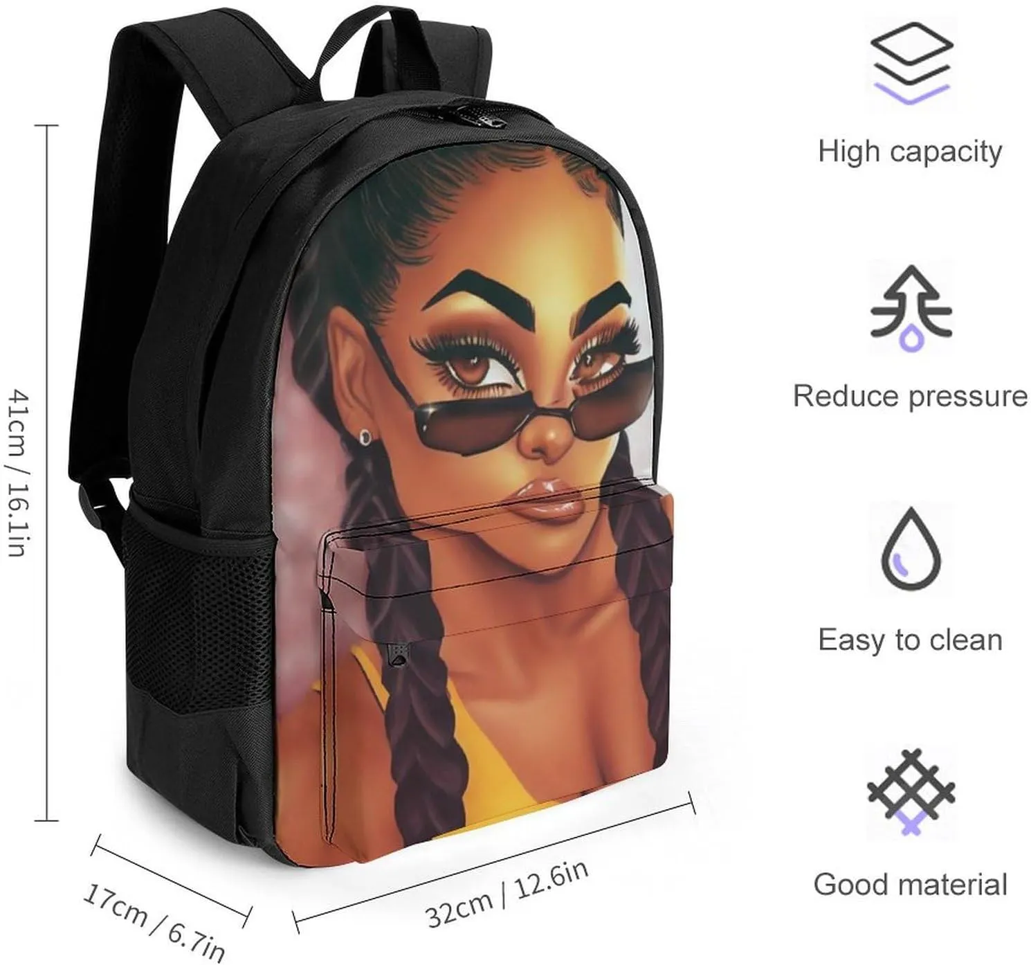Men Women Polyester Abstract Fashion Black Woman Art African American Women Art Casual Daypack Large Capacity Carry On Bag With Adjustable Shoulder Straps for Camping Work Running