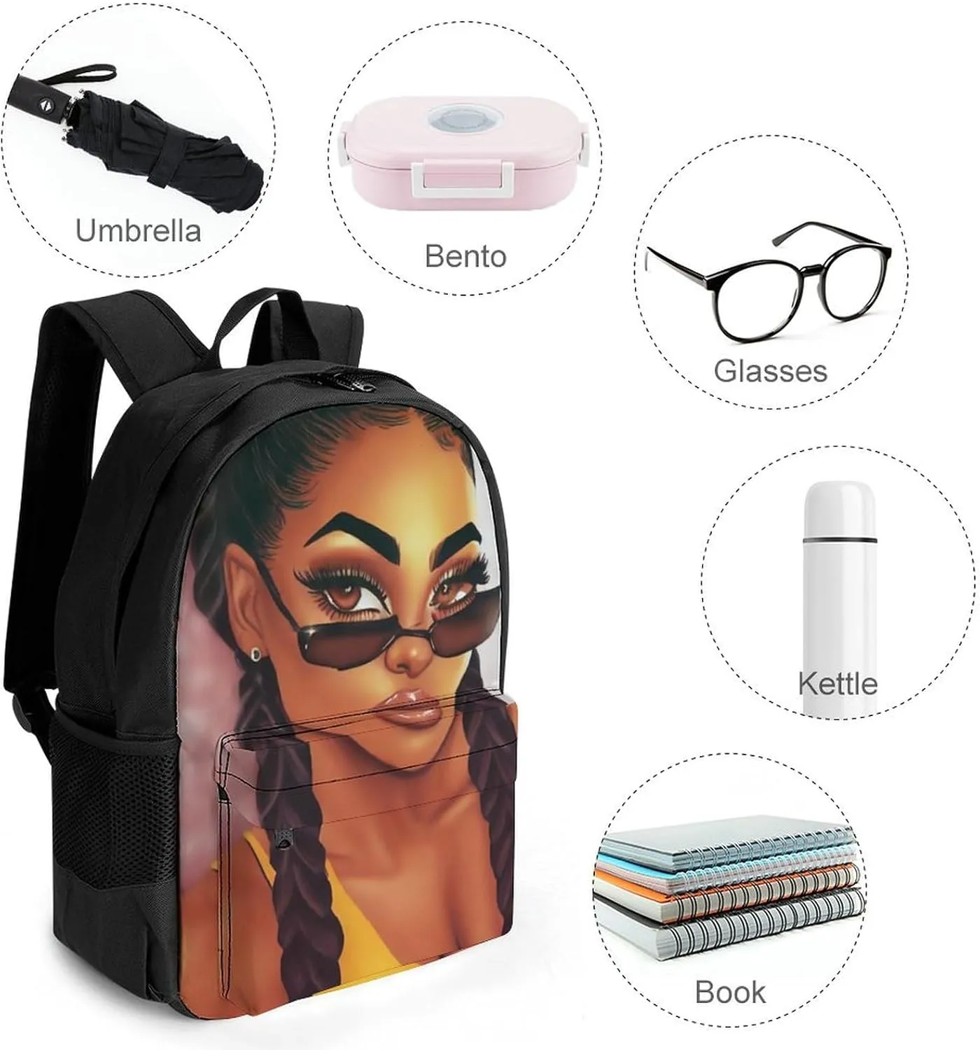 Men Women Polyester Abstract Fashion Black Woman Art African American Women Art Casual Daypack Large Capacity Carry On Bag With Adjustable Shoulder Straps for Camping Work Running